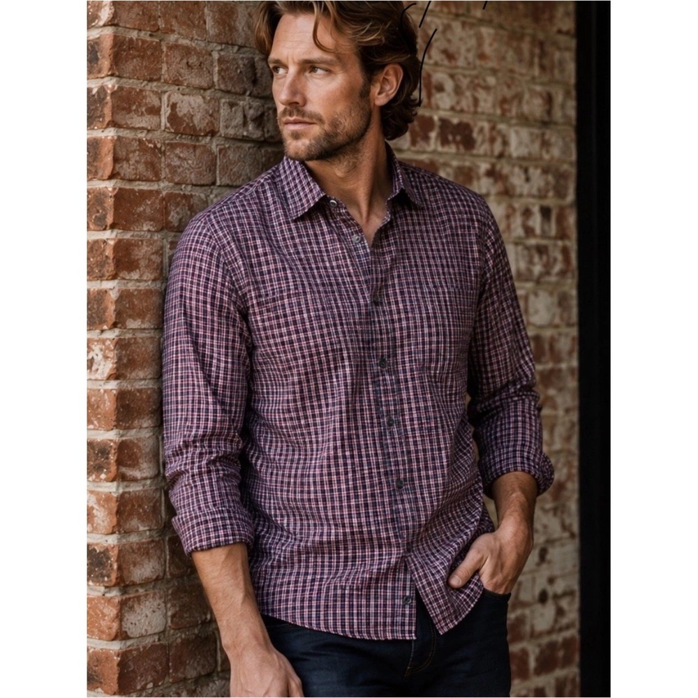 Rag & Bone Men's Plaid Button Up Shirt Red Blue Check Long Sleeve Size 2 Casual